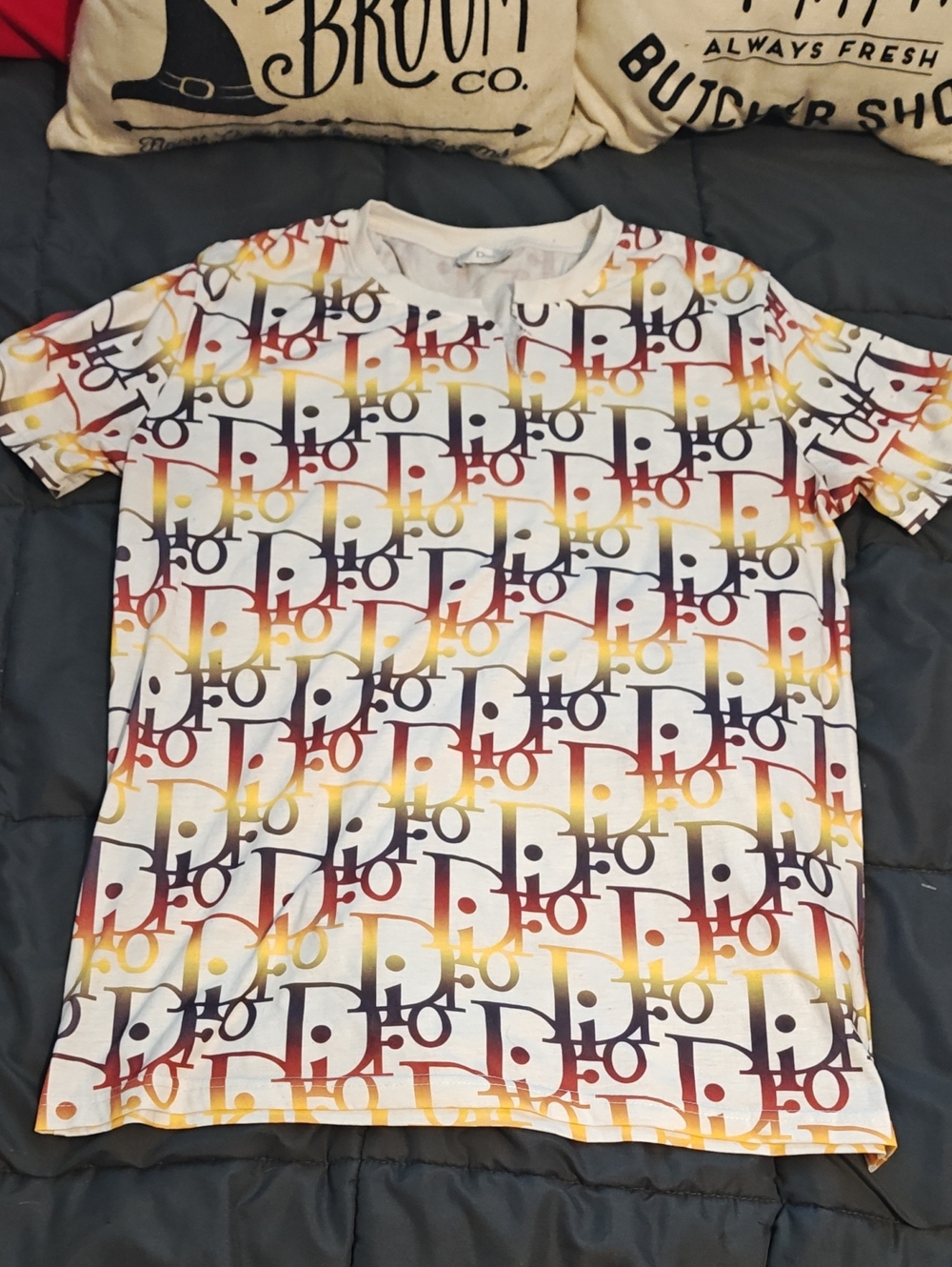 Dior Monogram Print Short Sleeve Tee — White with Rainbow Fade Logo
